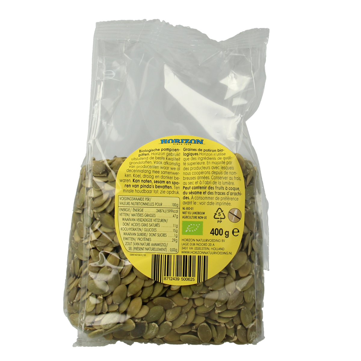 Raw Horizon organic pumpkin seeds in a 400g package, showcasing fresh, natural pumpkin seeds for healthy snacking and superfoods.