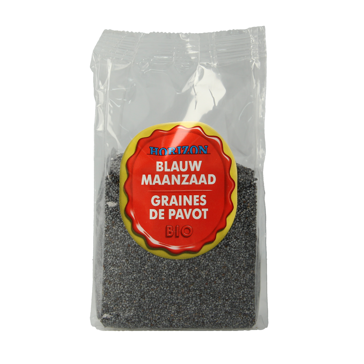Horizon Maanzaad blauw bio, 200g, raw superfoods in a clear plastic bag with blue seeds visible inside.