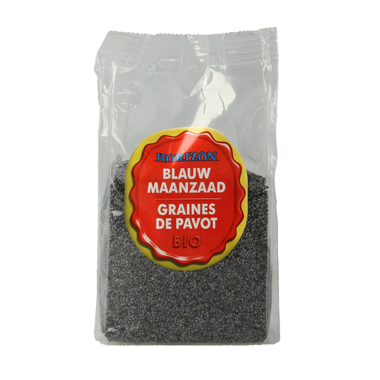 Horizon Maanzaad blauw bio, 200g, raw superfoods in a clear plastic bag with blue seeds visible inside.