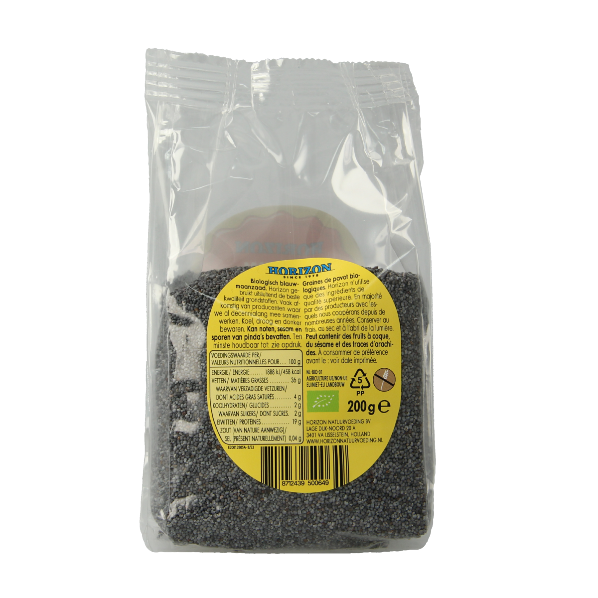 Horizon Blue Maanzaad Bio raw superfood in 200g package, close-up of blue flax seeds in a clear container.