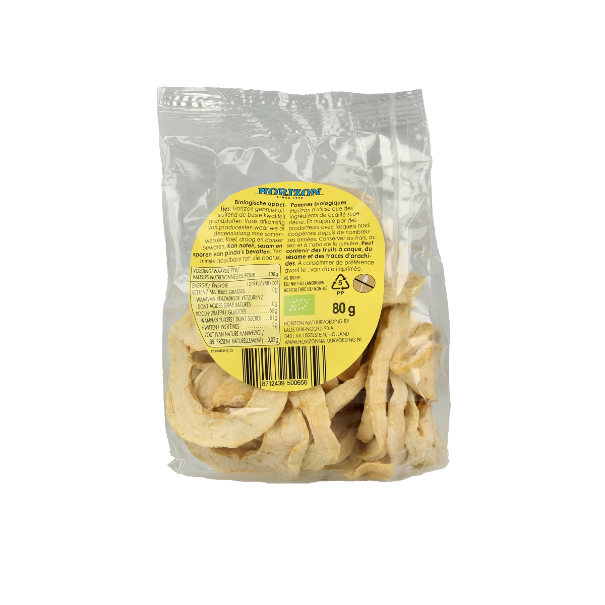 Horizon Appelringen bio organic potatoes, 80g, fresh aardappelen and vegetables on a white background.