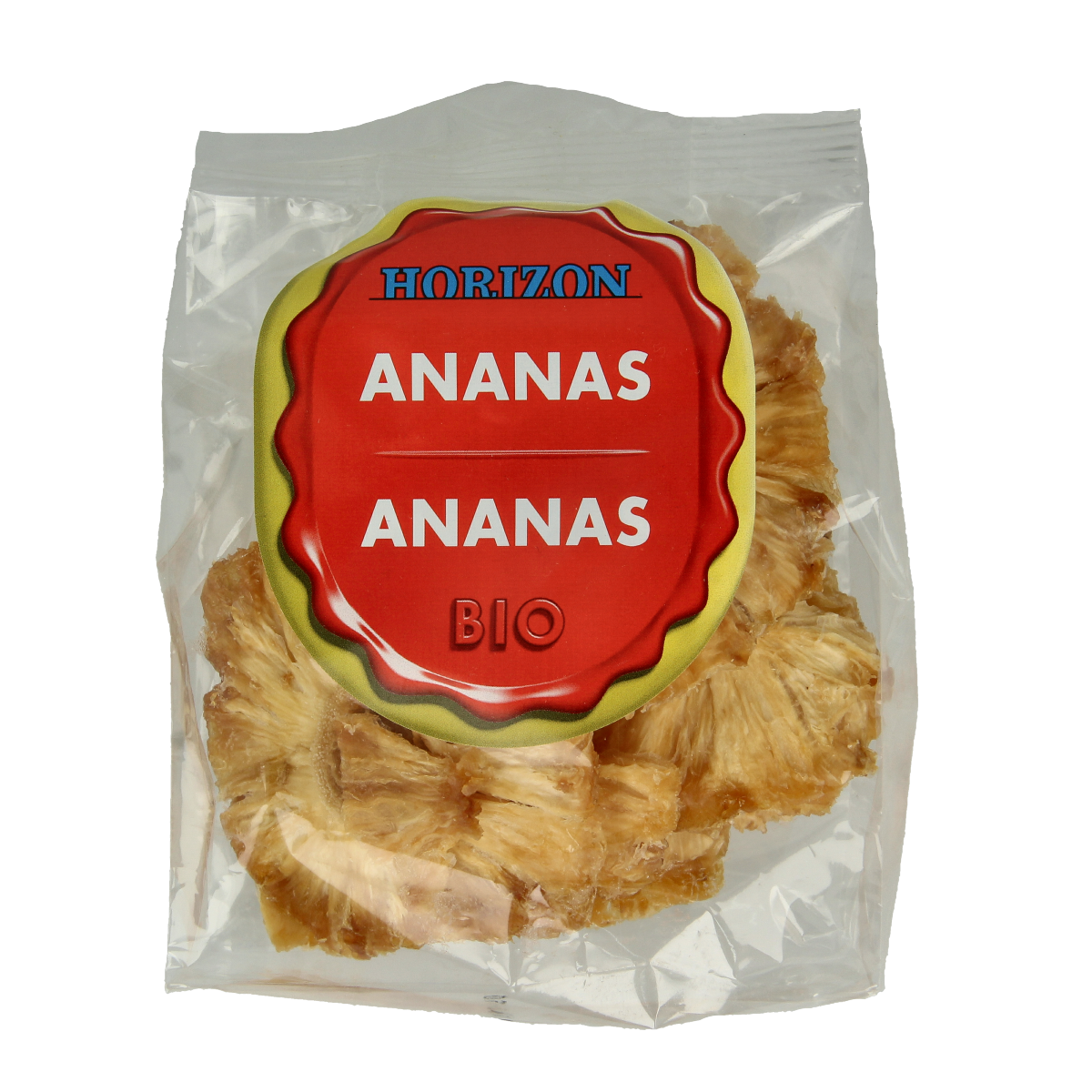 Horizon organic pineapple rings in a clear jar, 80 grams, fresh sliced pineapple fruit in natural lighting.