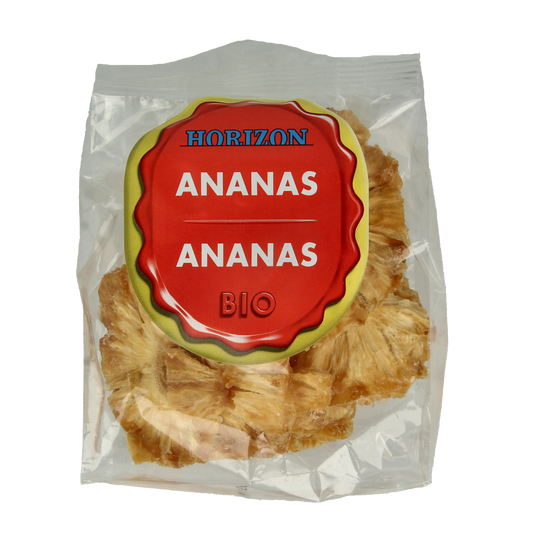 Horizon organic pineapple rings in a clear jar, 80 grams, fresh sliced pineapple fruit in natural lighting.