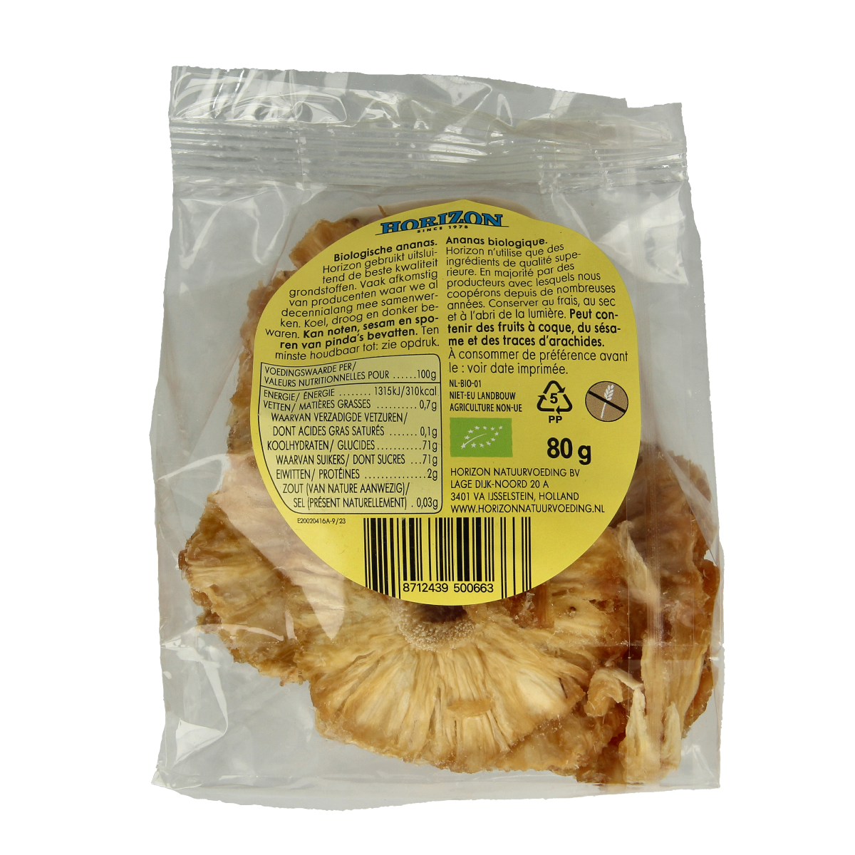 Horizon organic pineapple rings in a 80g package, fresh and sliced, suitable for snacking or adding to fruit dishes.
