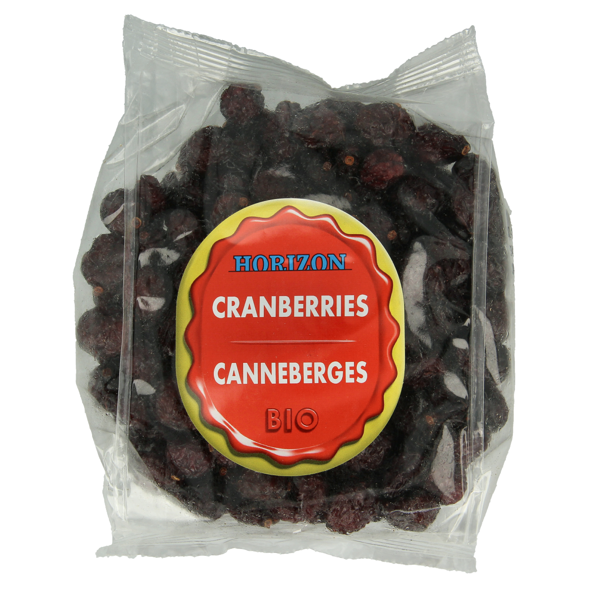 Horizon Bio Cranberries 200g package, fresh organic cranberries with vibrant red color on a white background.