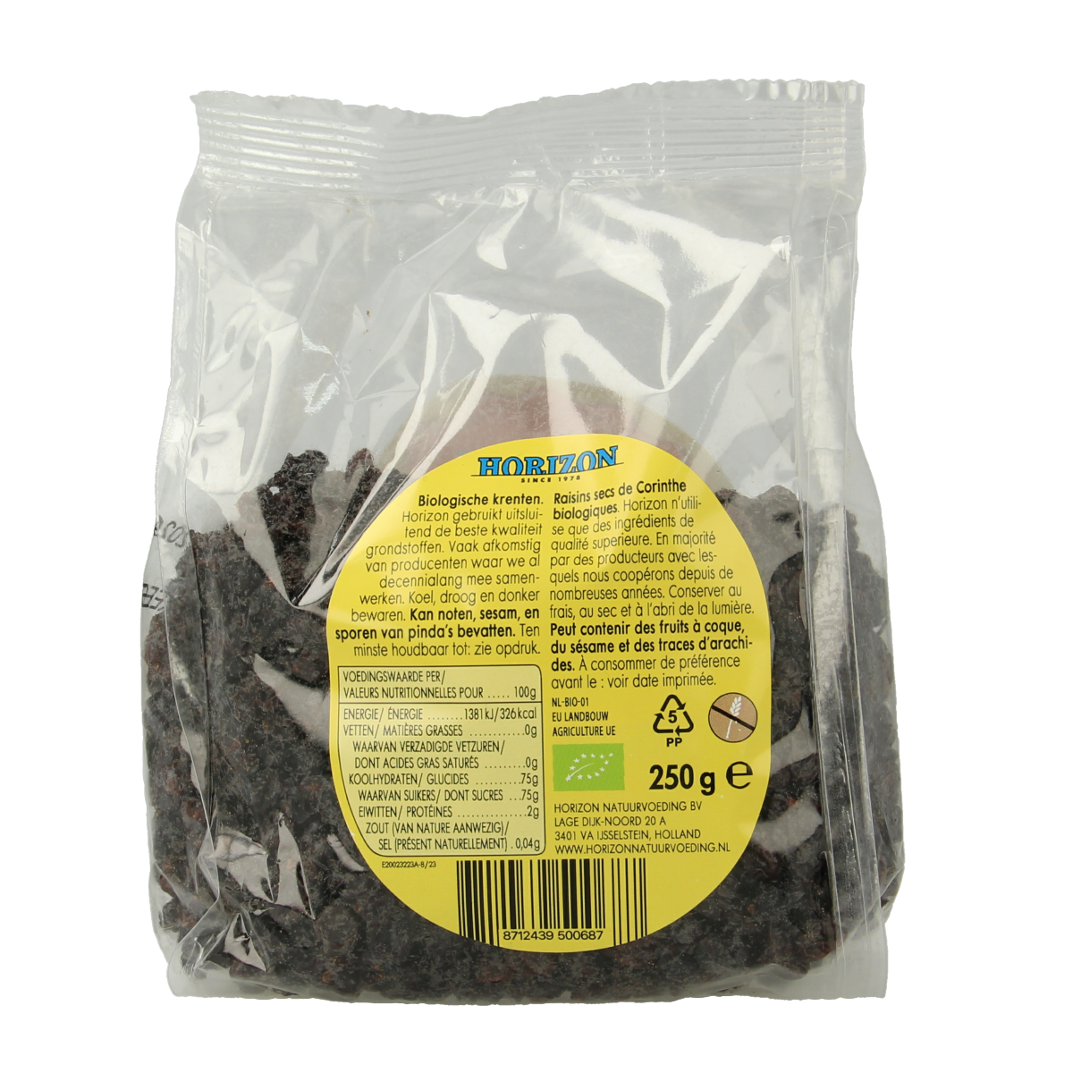 Horizon organic krenten in a 250g package, fresh aardappelen, groente en fruit, shown in the product image