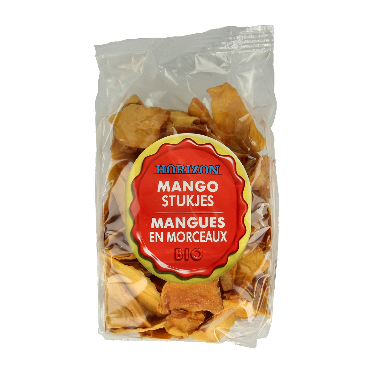 Horizon organic mango pieces in 250g package, raw superfood with vibrant orange mango chunks on a white background.
