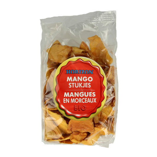 Horizon organic mango pieces in 250g package, raw superfood with vibrant orange mango chunks on a white background.