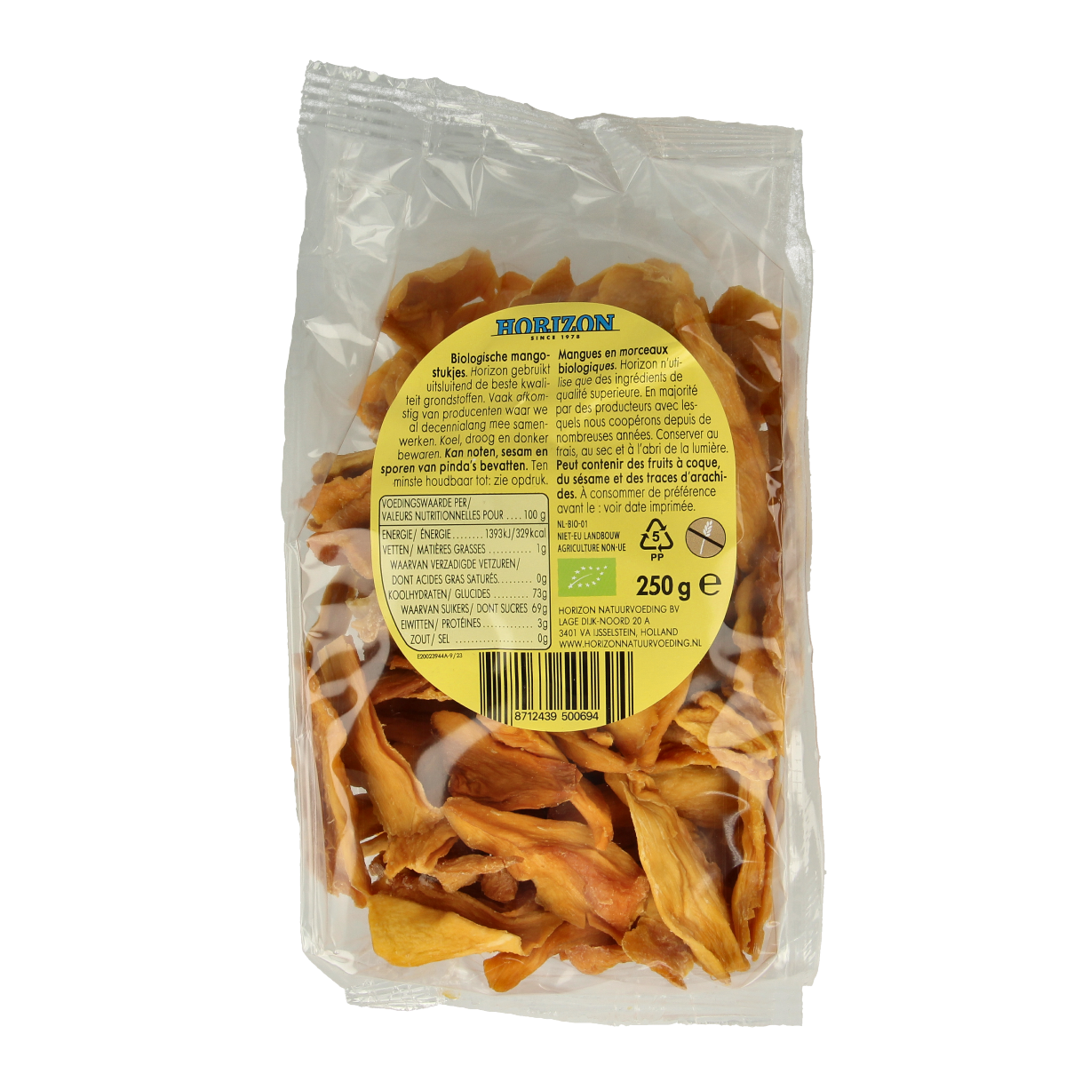 Horizon organic mango chunks in 250g package, raw superfood with vibrant orange pieces in a sealed bag.