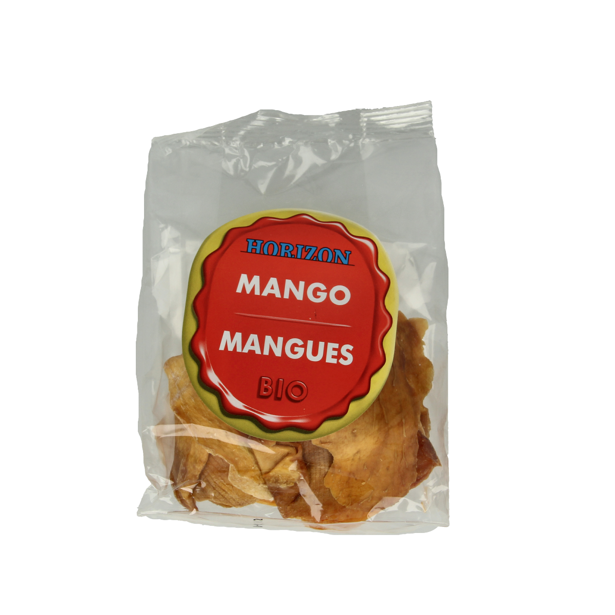 Horizon Mango bio raw superfood slices in 100g package, showing vibrant dried mango pieces on a white background.