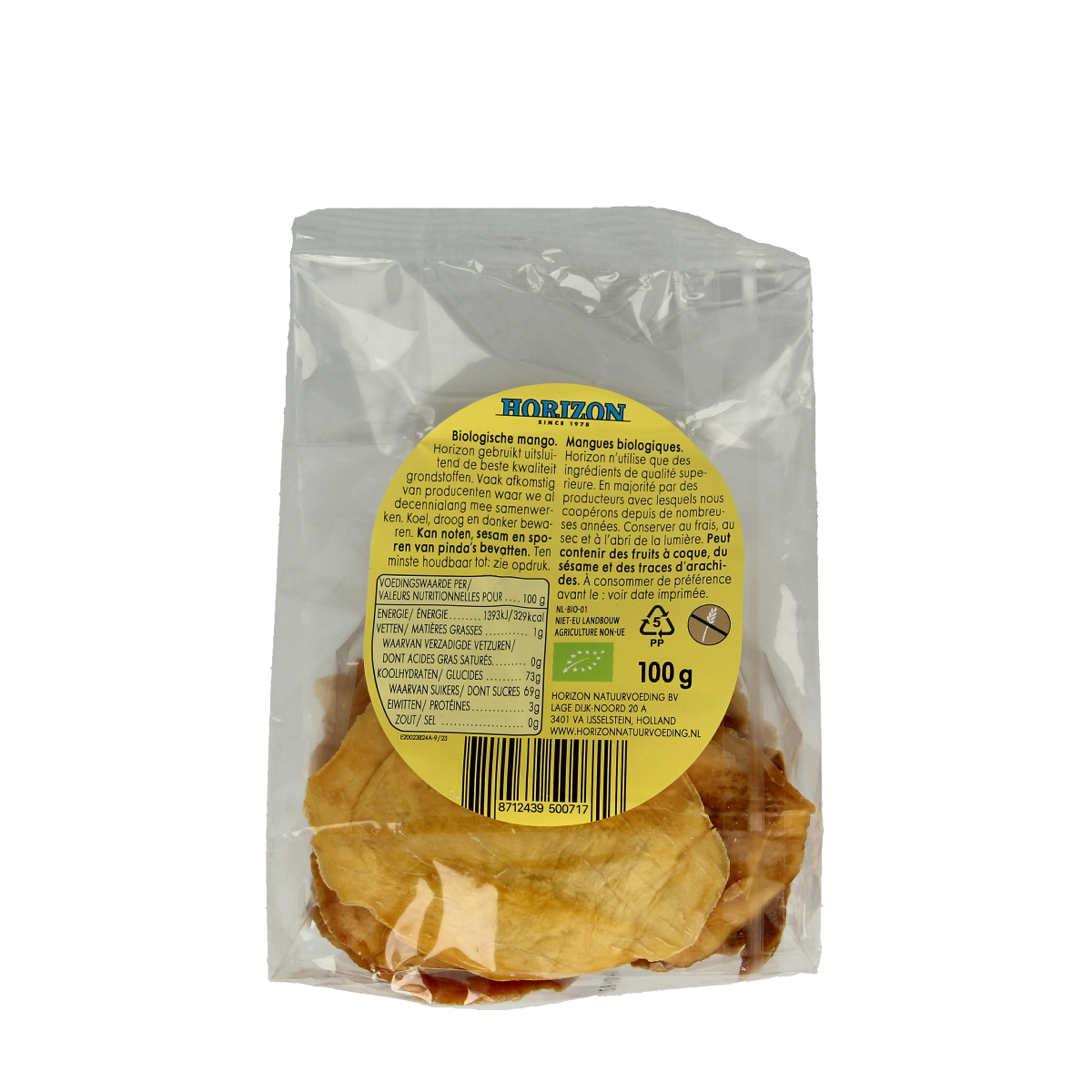 Horizon organic mango slices, raw superfood snack, 100 grams, shown in a clear image with vibrant dried mango pieces.