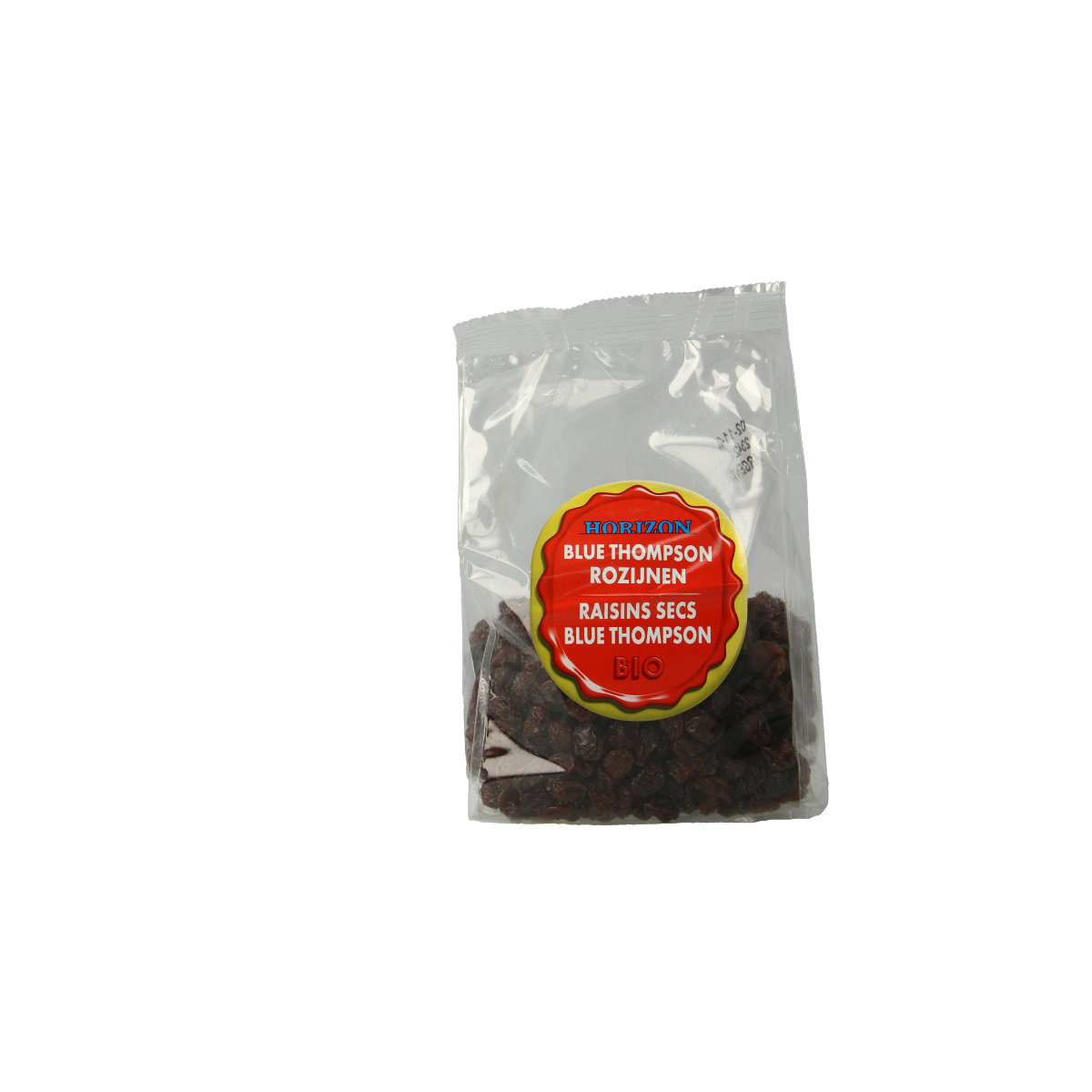 Horizon blue Thompson raisins in a 250g package, organic dried fruit, shown in the image.