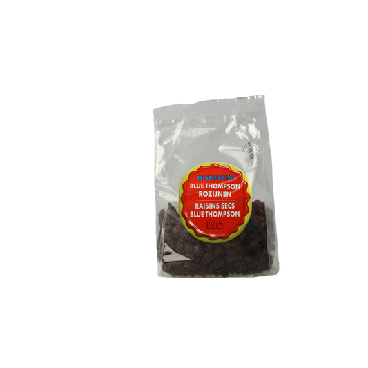 Horizon blue Thompson raisins in a 250g package, organic dried fruit, shown in the image.