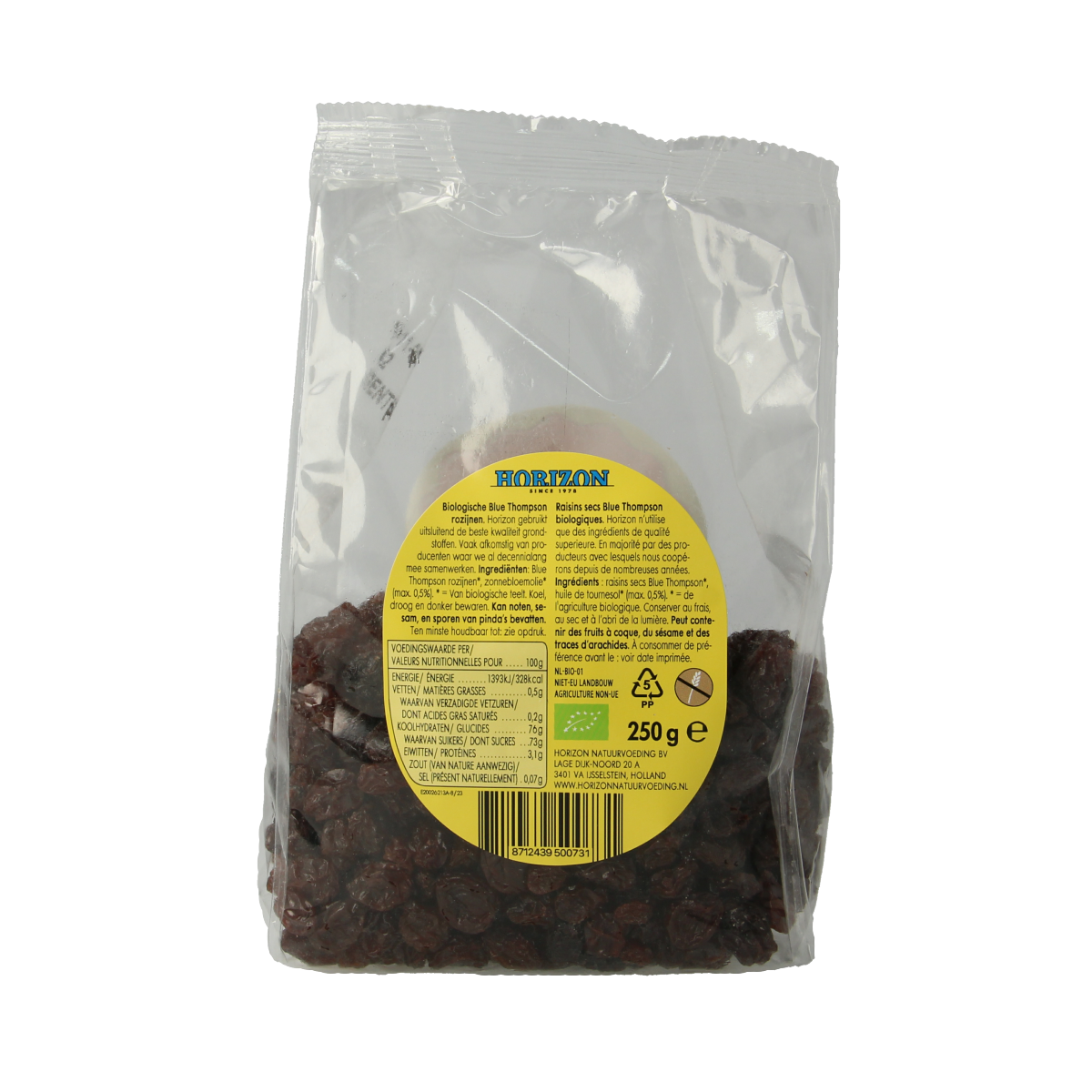 Horizon Blue Thompson bio raisins in 250g package, shown in a clear image, part of fresh fruit and vegetable selection.