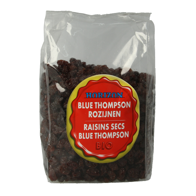 Horizon Blue Thompson bio grapes in 500g pack, fresh and ripe, with vibrant blue color and natural appearance.