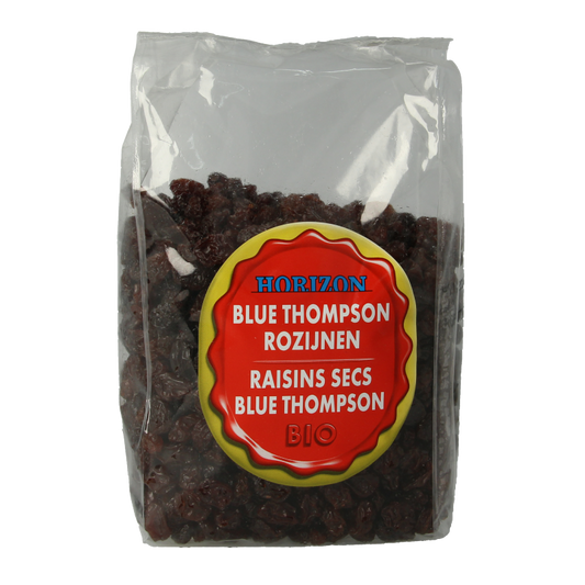 Horizon Blue Thompson bio grapes in 500g pack, fresh and ripe, with vibrant blue color and natural appearance.