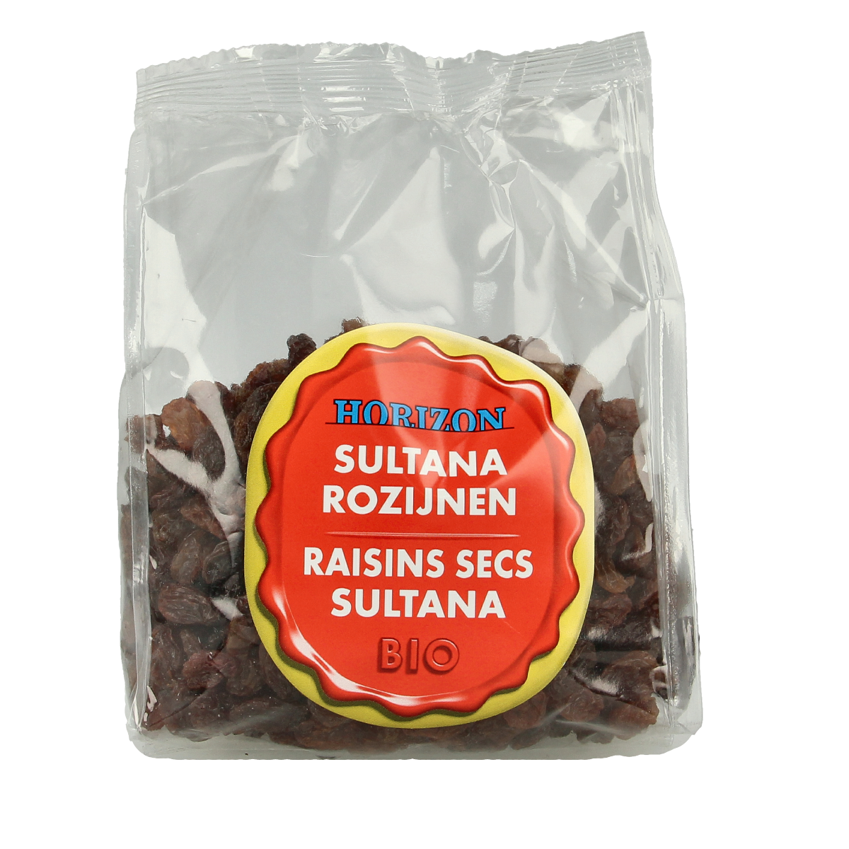 Organic Horizon Rozijnen Sultana in 250g package, dried fruit with golden sultanas, shown in clear package image.