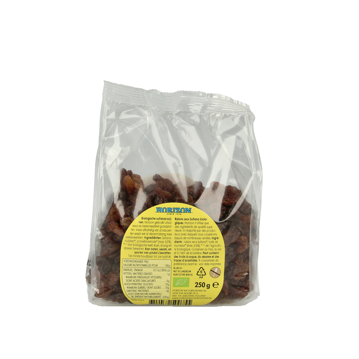 Organic Horizon Rozijnen sultana in 250g package, dried sultana grapes shown on the product label.