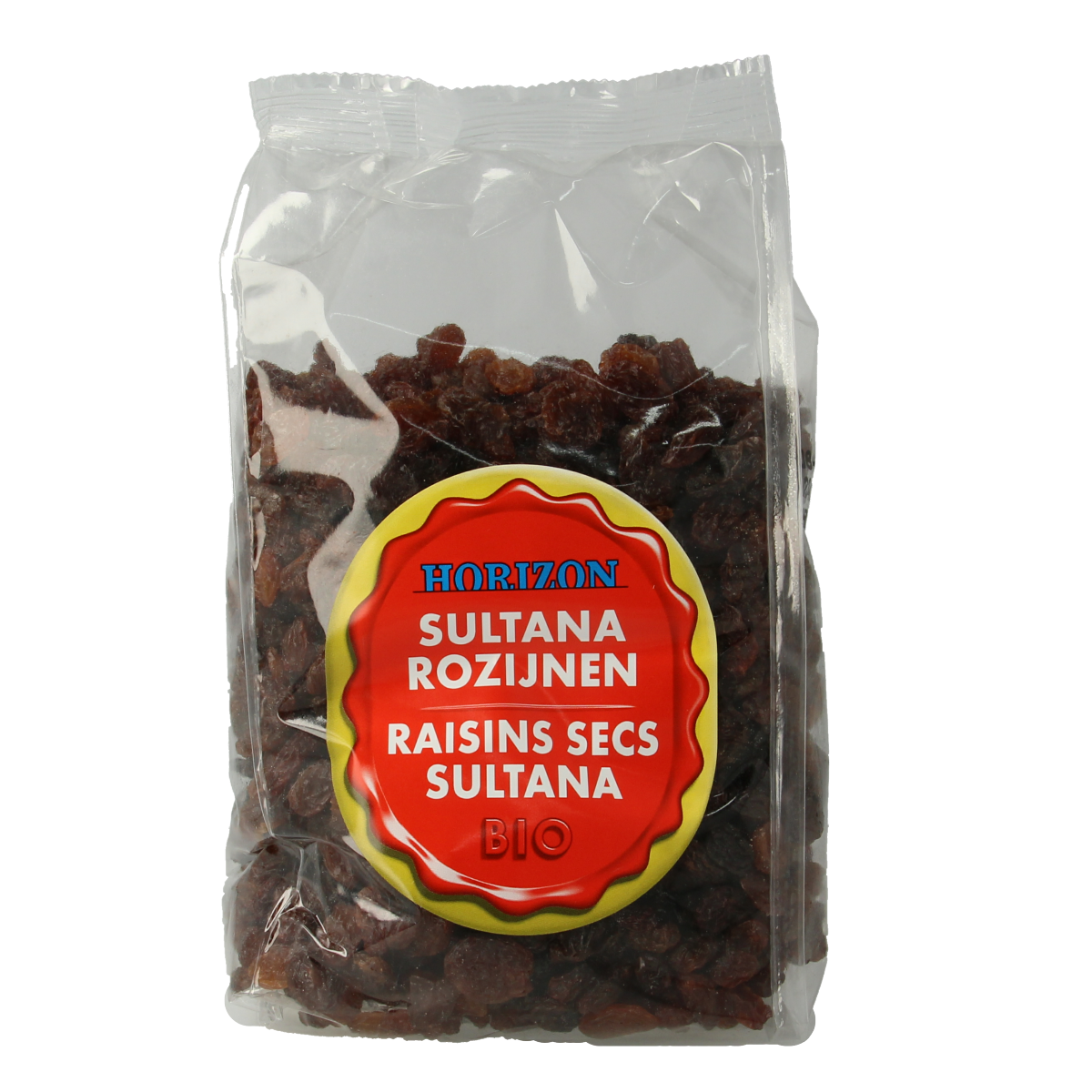 Horizon bio sultana raisins in a 500g package, shown in a clear image with the brand logo and product details.