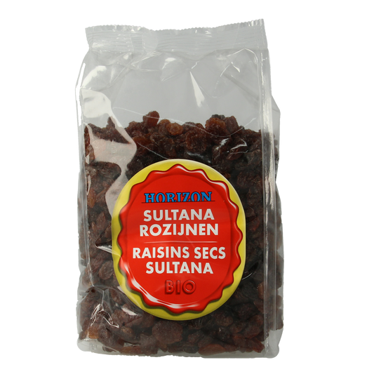 Horizon bio sultana raisins in a 500g package, shown in a clear image with the brand logo and product details.