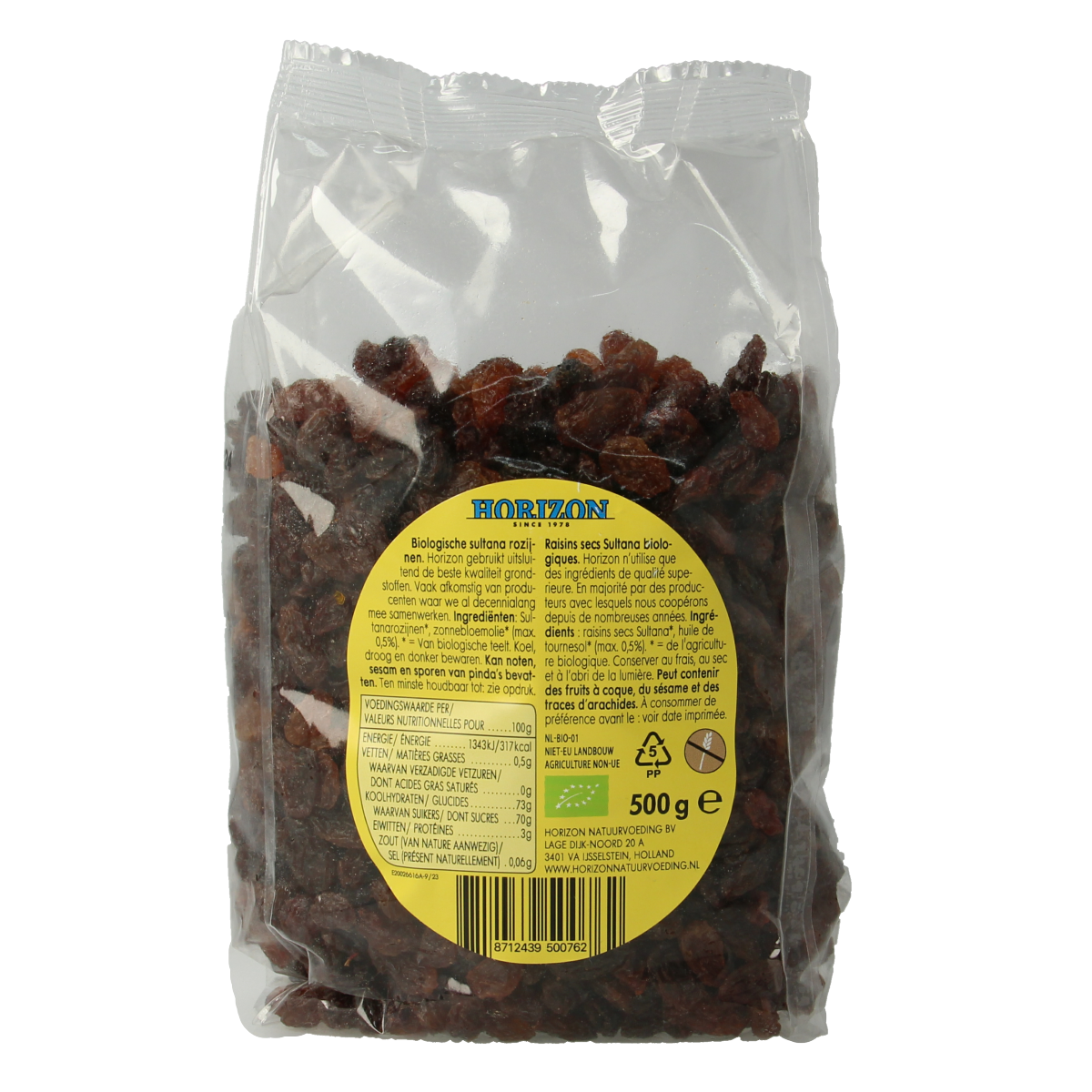 Organic Horizon Sultana Raisins in a 500g package, shown in a clear image with dried, golden raisins ready for snacking or baking.