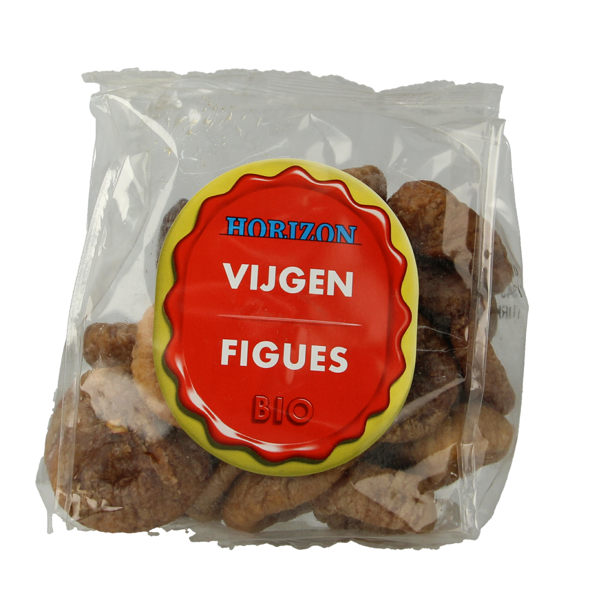 Horizon Vijgen bio in 250g package, fresh organic figs from Horizon, displayed in a clear container on a white background.