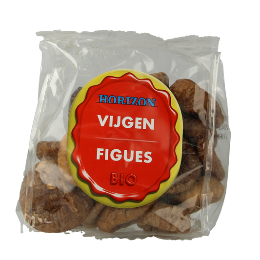 Horizon Vijgen bio in 250g package, fresh organic figs from Horizon, displayed in a clear container on a white background.