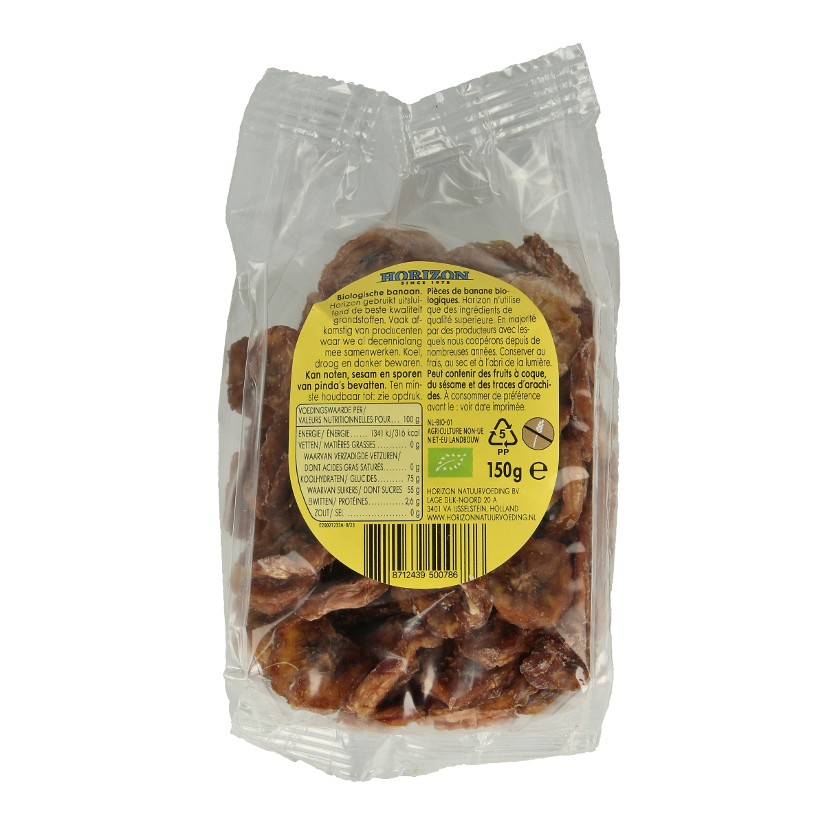 Horizon bio banana slices in 150g packaging, fresh and sliced, ideal for snacking or adding to recipes.