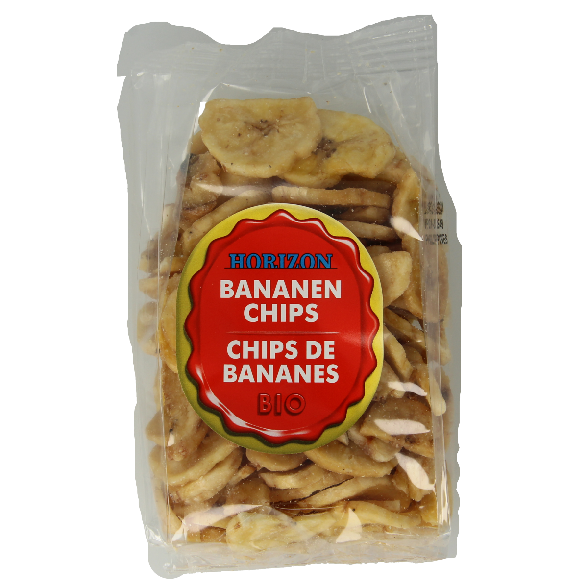 Horizon bio bananenchips in 125g package, showing crispy, golden banana slices on the front of the package.