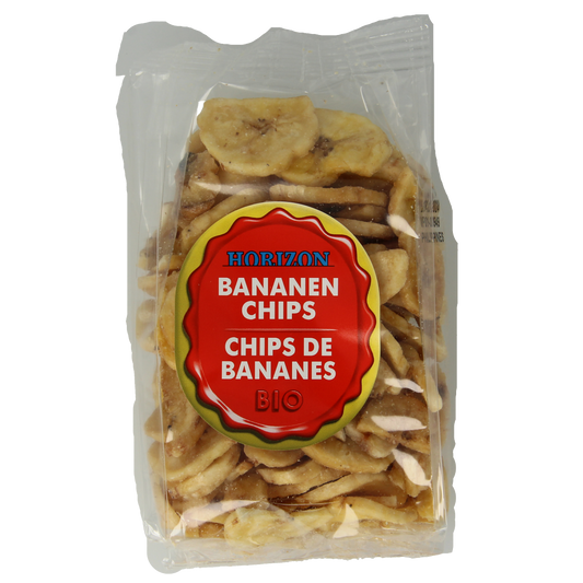 Horizon bio bananenchips in 125g package, showing crispy, golden banana slices on the front of the package.