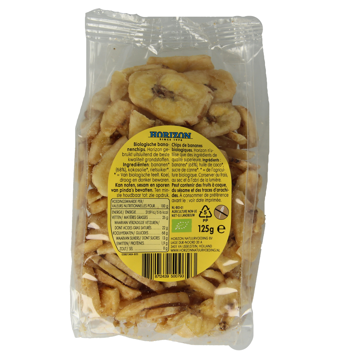 Horizon bio bananenchips in 125g package, showing golden dried banana slices on the front of the packaging.