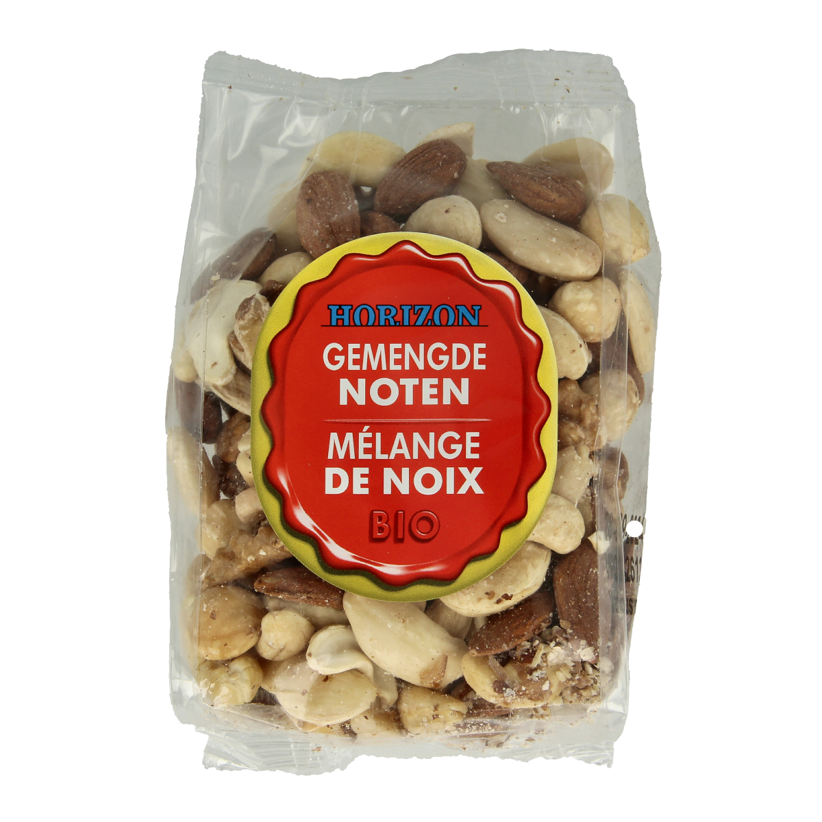 Horizon Gemengde noten bio, 175g, raw superfoods, mixed nuts in a clear bowl on a white background
