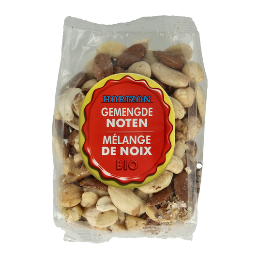 Horizon Gemengde noten bio, 175g, raw superfoods, mixed nuts in a clear bowl on a white background