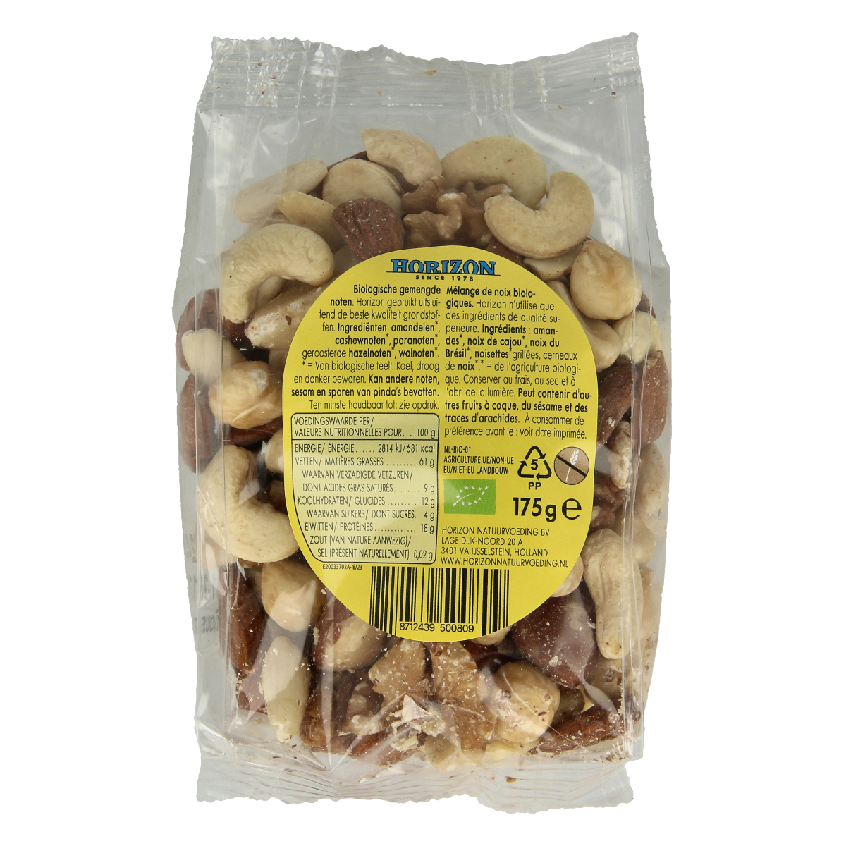 Horizon organic mixed nuts in a 175g package, raw superfoods with a variety of whole, natural nuts on a white background.