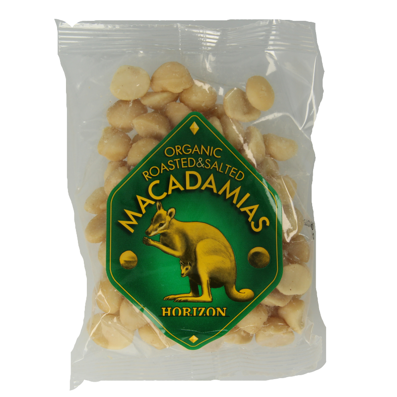 Salted Horizon macadamia nuts in a 100g package, showing whole crunchy nuts in natural light.