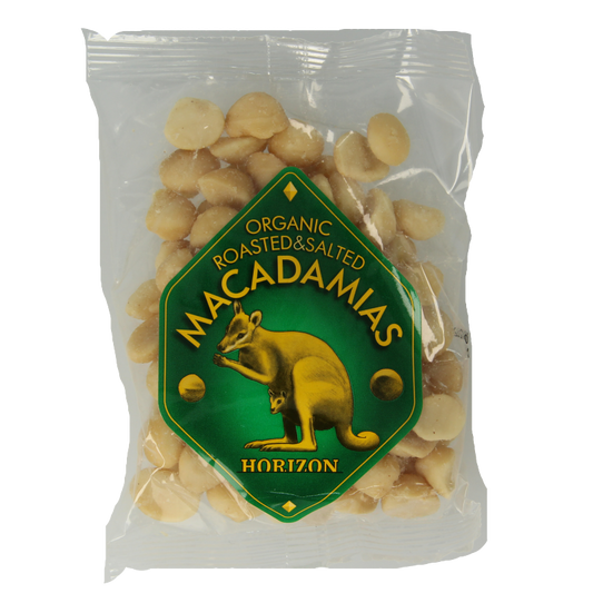 Salted Horizon macadamia nuts in a 100g package, showing whole crunchy nuts in natural light.