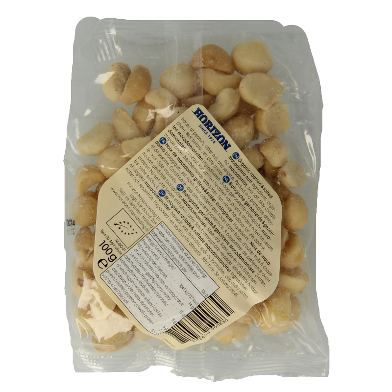 Salted Horizon macadamianuts in a 100g package, showcasing crunchy, roasted bio nuts perfect for snacks and quick bites.