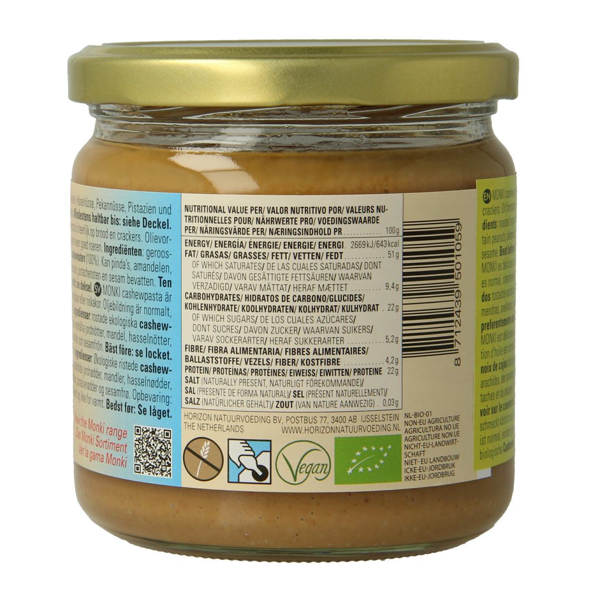 Monki Cashewpasta bio bread spread jar with label, 330 grams, organic nut butter for sandwiches and snacks.