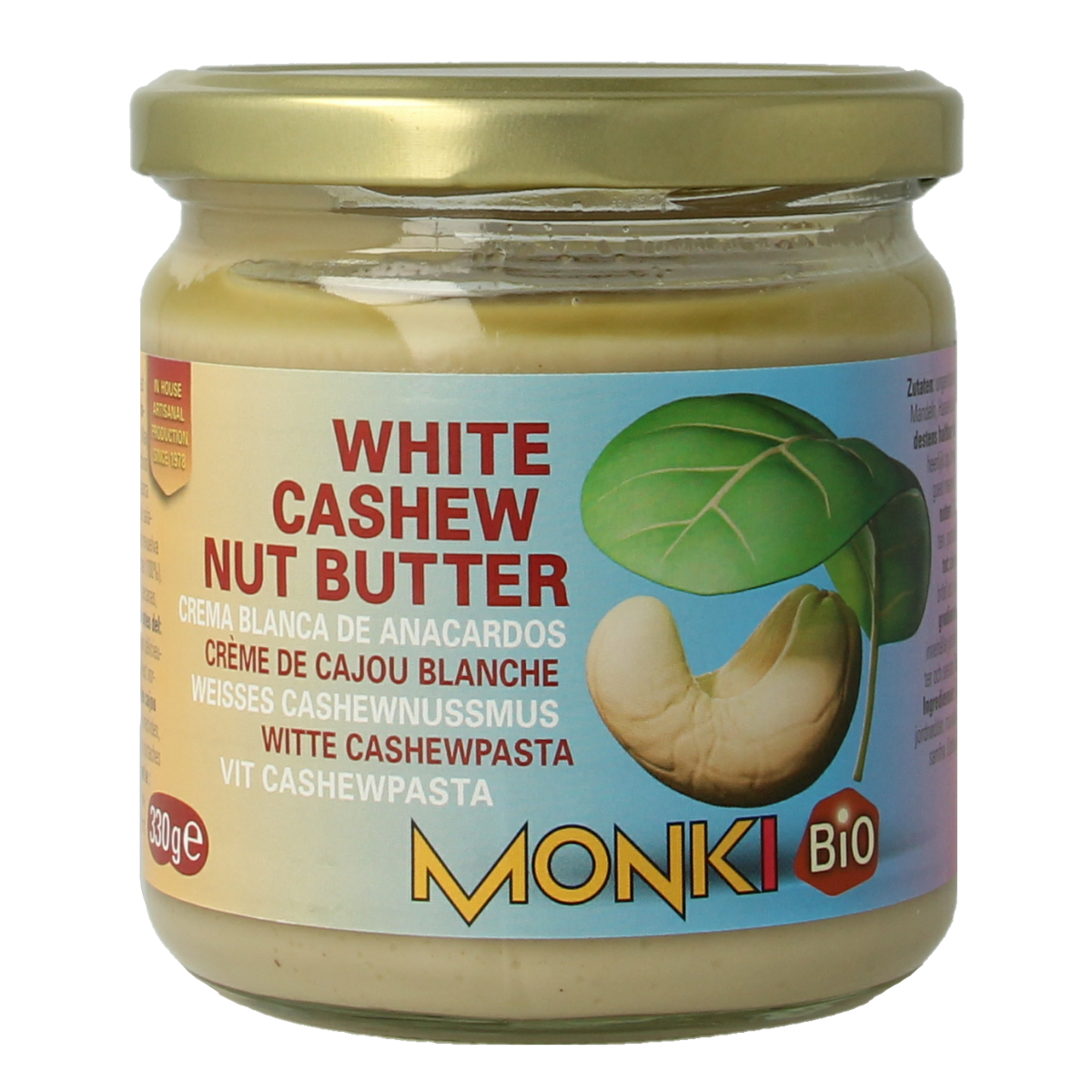 Monki witte cashewpasta bio, 330g, spreadable broodbeleg made from organic cashews displayed in a jar.