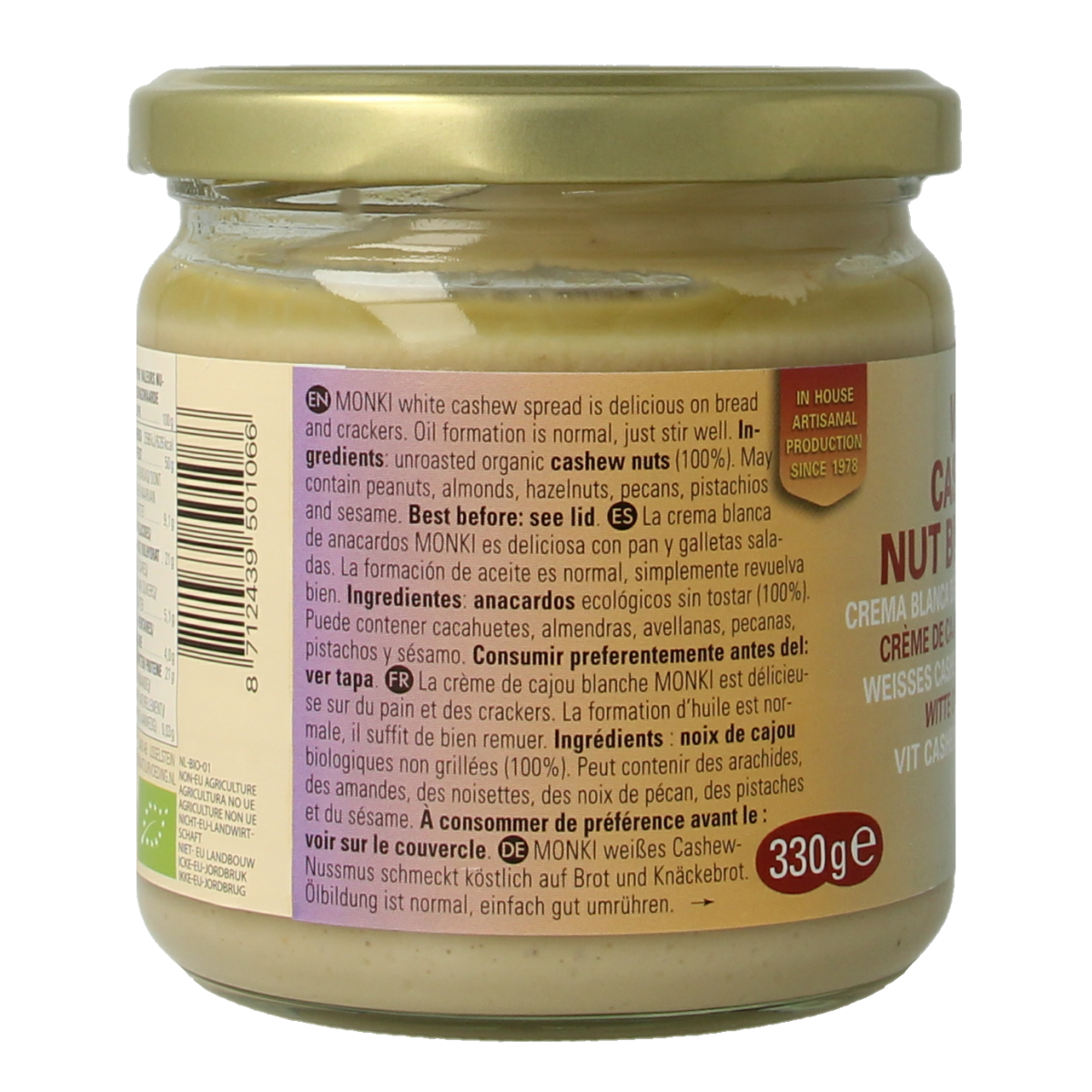 Monki organic white cashew spread on bread, 330g jar, creamy and smooth, ideal for breakfast or snacks.