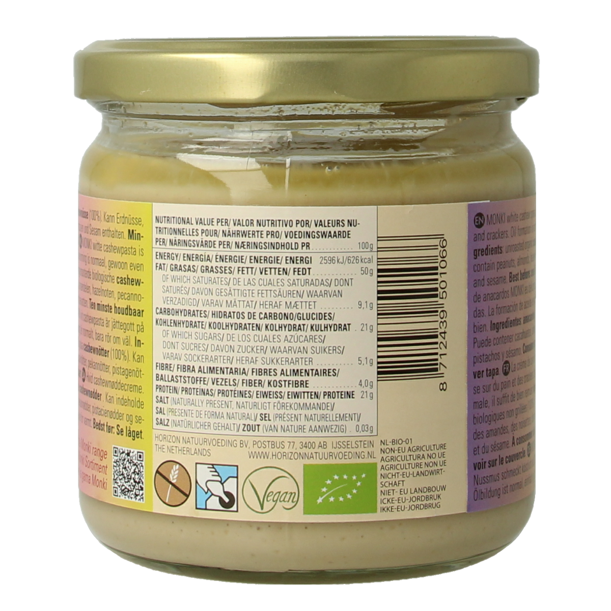 Monki organic white cashew paste spread on bread, 330g, natural and creamy broodbeleg from Monki brand.