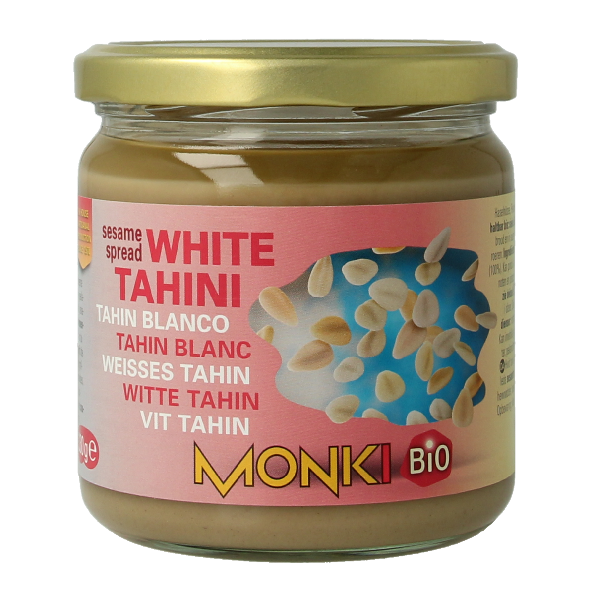 Monki Witte Tahin bio 330g jar of organic white tahini spread, with a smooth, creamy texture and label showing brand and product details.