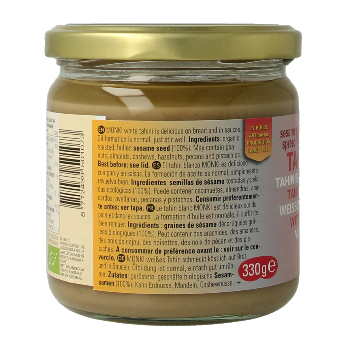 Monki Witte Tahin bio, 330g jar of organic white tahini spread, ideal for bread and toast.