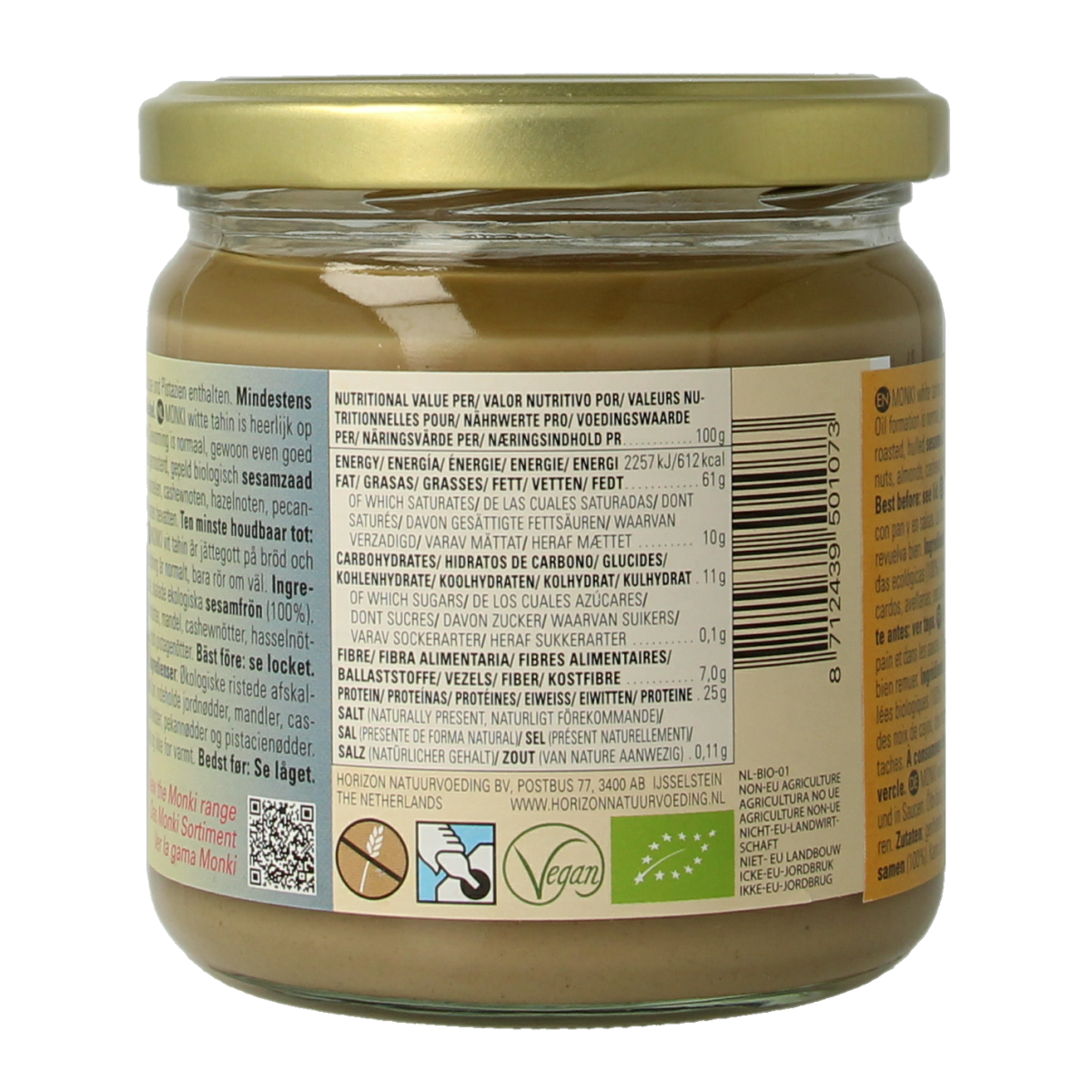 Organic white tahini spread by Monki, 330g jar, creamy sesame paste ideal for bread and snacks.
