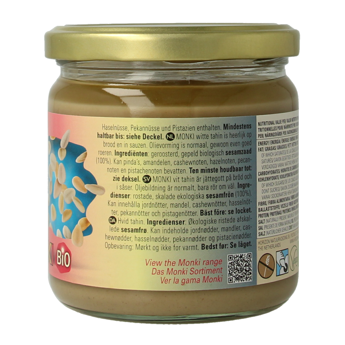 Monki bio witte tahin broodbeleg in 330g jar, creamy white sesame paste for spreads and sandwiches.