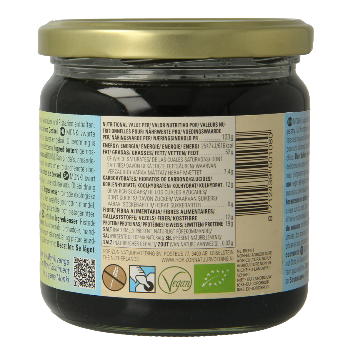 Organic black tahini spread by Monki, 330g jar, creamy natural sesame paste ideal for bread and snacks.