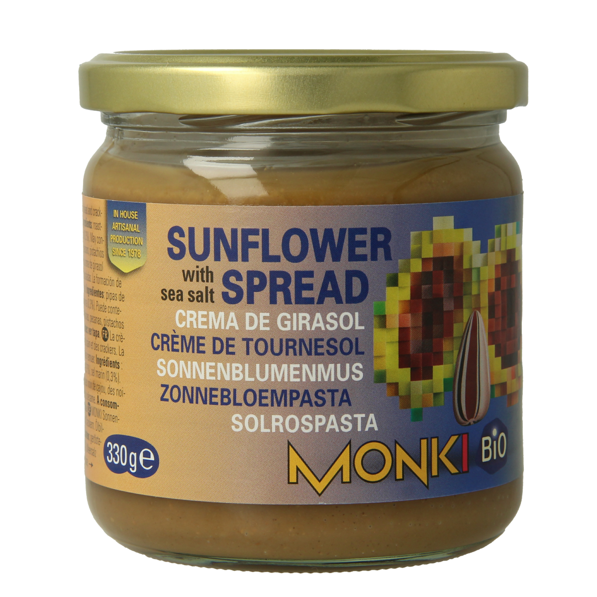 Organic Monki sunflower seed spread in a 330g jar, ideal as a nutritious bread topping or snack.