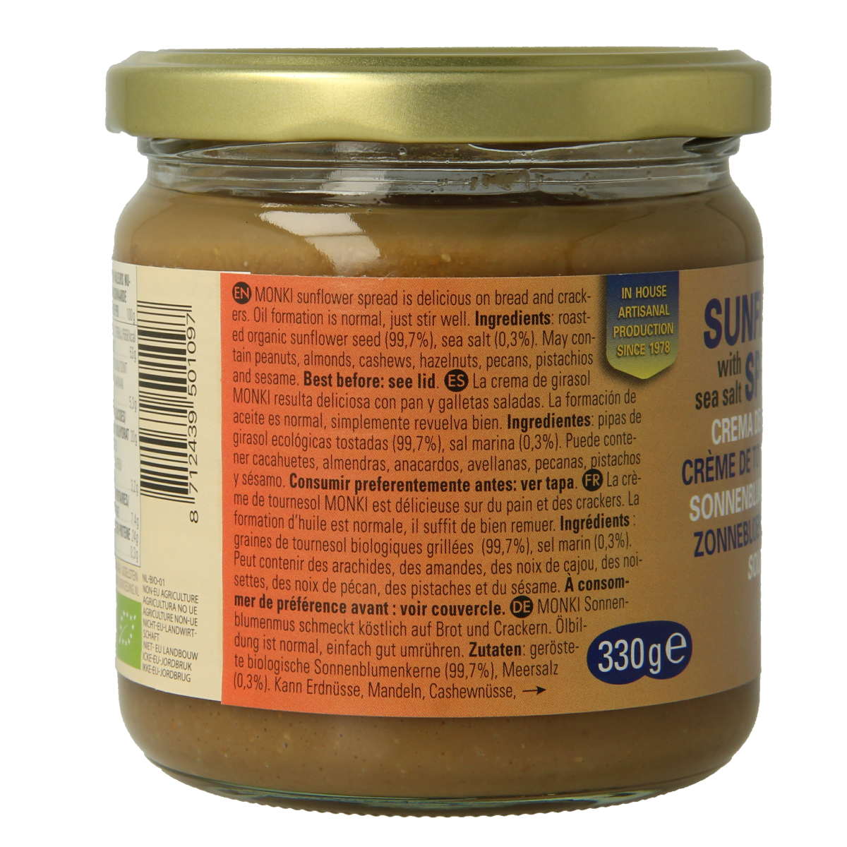 Organic Monki sunflower seed butter spread on bread, 330g jar, natural and creamy sunflower seed paste.