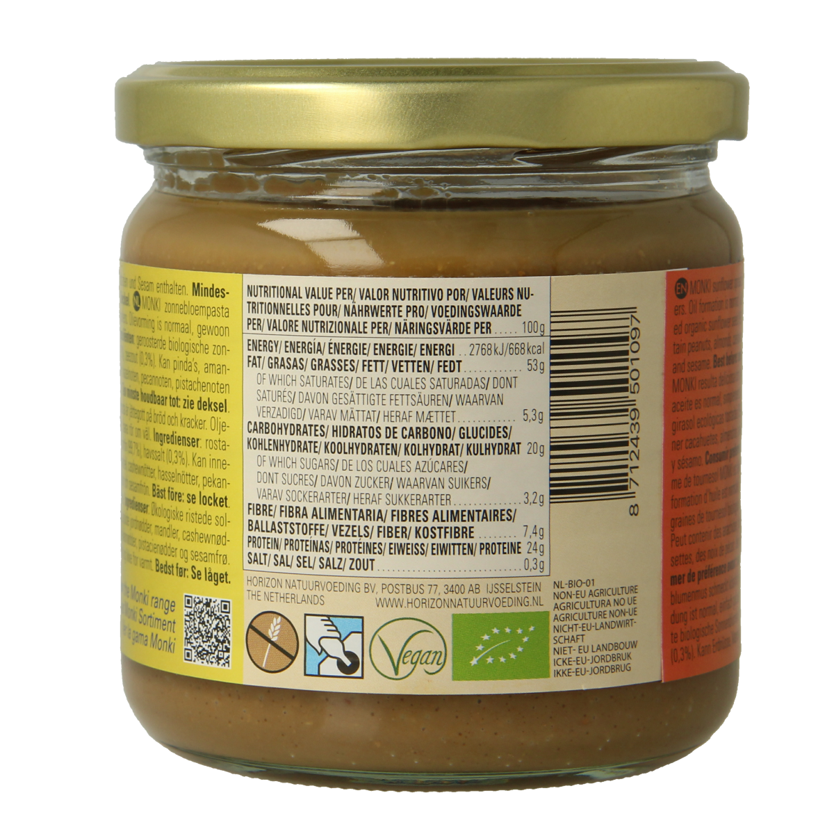 Organic Monki sunflower seed spread on bread, 330g jar, natural and creamy, ideal as a nutritious broodbeleg.