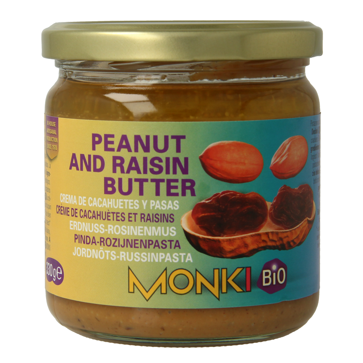Monki Pinda rozijnenpasta bio broodbeleg spread in a jar, featuring peanut and raisin ingredients, natural and organic.